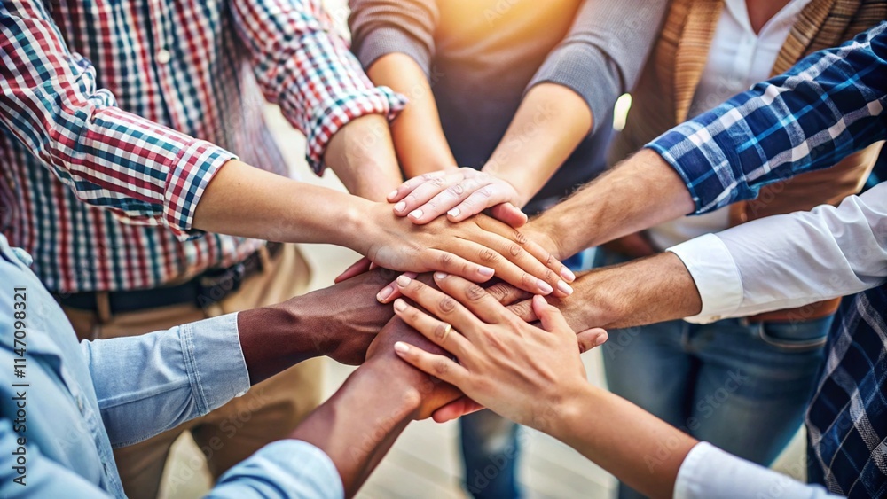 Stack of hands showing unity and teamwork
Stack of hands showing unity and teamwork