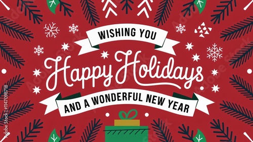 A holiday illustration with a red background and festive elements such as pine branches, snowflakes, and a banner. The banner has the text 