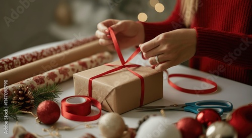 Person in red sweater wrapping holiday gift with ribbon and festive decorations nearby