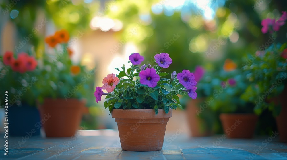 Vibrant pink petunias bloom in terracotta pots on a sunlit garden table surrounded by colorful flowers in the Vibrant pink petunias bloom in terracotta pots on a sunlit garden table surrounded by colorful flowers in the