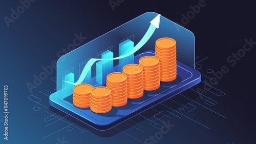 An illustration of a transparent glass display with a rising graph chart and stacks of coins. The graph chart has a smooth upward trend. The stacks of coins are neatly arranged.
