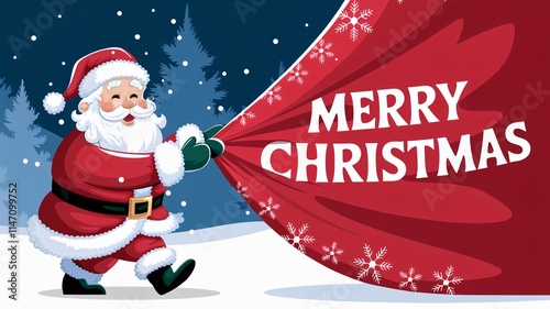 An illustration of Santa Claus pulling a red curtain with the words 