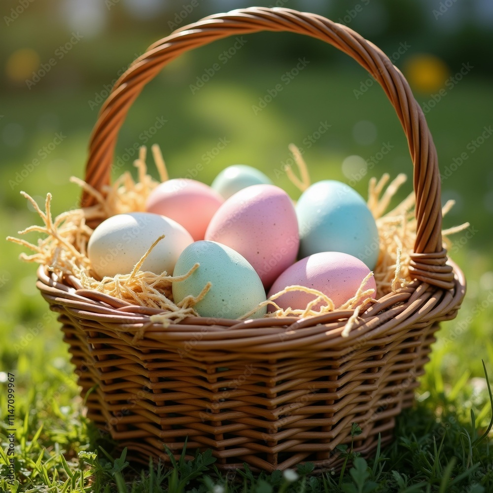 The image shows a basket of colorful Easter eggs on a grassy lawn. The basket is made of wicker and has a handle on top. The image shows a basket of colorful Easter eggs on a grassy lawn. The basket is made of wicker and has a handle on top.