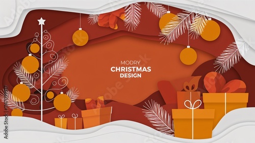 A paper cut style illustration of a modern Christmas design with a winter orange theme. There is a Christmas tree with pine branches, oranges, and a few gifts. The background is a warm orange hue.