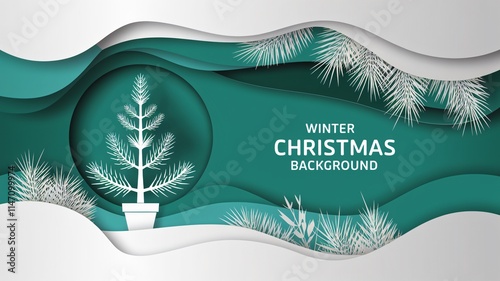 A paper cut style illustration of a winter green Christmas background with a modern design. There is a Christmas tree with pine branches, and the tree is placed in a pot. The background has a gradient