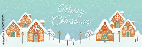 Christmas panorama background. New year greeting card template with gingerbread houses village, trees and streetlights on blue background with snowflakes. Winter landscape banner. Vector illustration.