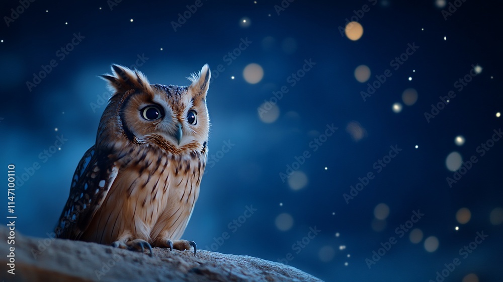 A detailed owl perched against a starry night background.