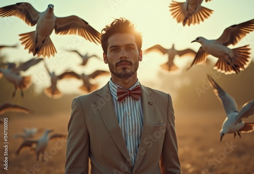 A stylish man in a beige suit and red bow tie stands amidst a flock of seagulls at sunset. photo