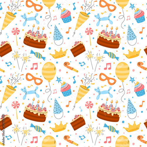 Birthday pattern. Seamless vector illustration, repetitive background with colorful bday party objects. Fun elements, joyful celebration. Flat kids, childish happy birthday design