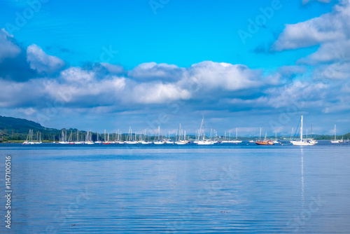 Line of small sailing yachts on horizon of loch