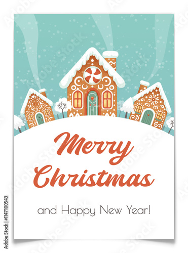 Christmas Gingerbread houses landscape postcard. Merry Christmas and Happy New Year greeting card with houses and trees on blue background. Winter scene. Cute vector illustration in flat cartoon style