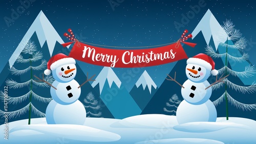 A serene winter night scene with two cheerful snowmen standing amidst snow-capped mountains and frosted evergreen trees. There is a merry Christmas banner hanging between the trees. 