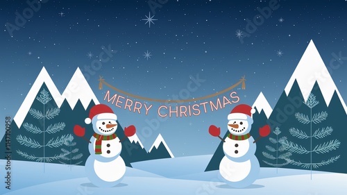 A serene winter night scene with two cheerful snowmen standing amidst snow-capped mountains and frosted evergreen trees. There's a 