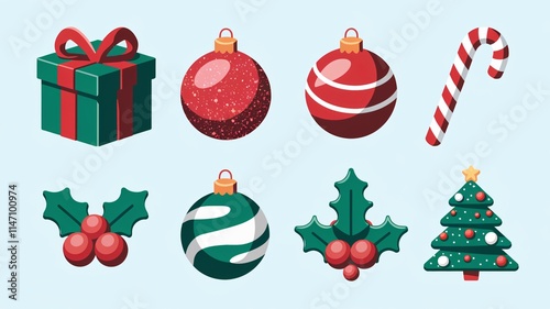 A set of 2D illustration vector icons for Christmas items, gifts, and decorations. There's a festive gift box with a red ribbon, glittering Christmas baubles in various shapes and sizes, a candy 