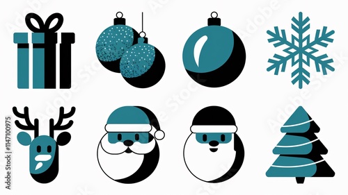A set of 2D illustration vector icons for Christmas items, gifts, and decorations. There is a Festive Gift Box, Glittering Christmas Baubles, a Reindeer, a Santa Claus, a Christmas Tree,