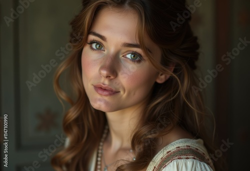 A captivating portrait of a young woman with auburn hair and green eyes, exuding beauty and grace.