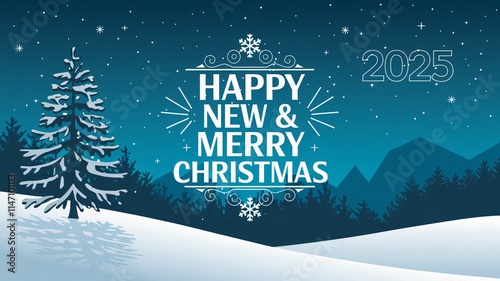 A snowy winter landscape with a pine tree and the text 
