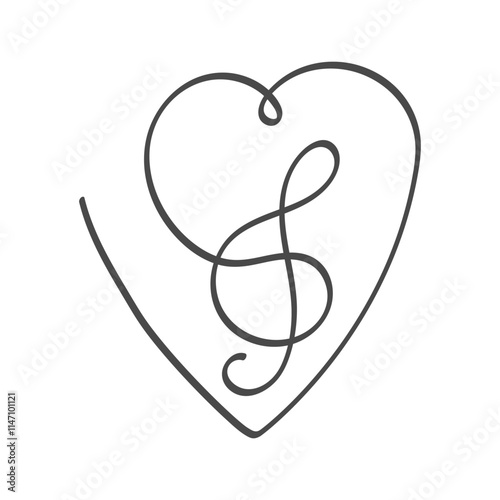 Treble clef with love hearts thin line illustration. Love melody, sweet song sign. Vector illustration