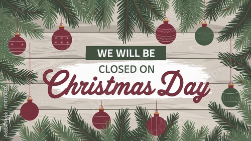 A vector illustration of a Christmas tree with ornaments. There is a text box with the text 