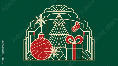 A vector illustration of a luxury Christmas invitation card with an Art Deco design. There is a Christmas tree, snowflake, and bauble. There is a gift with a red ribbon tied around it.