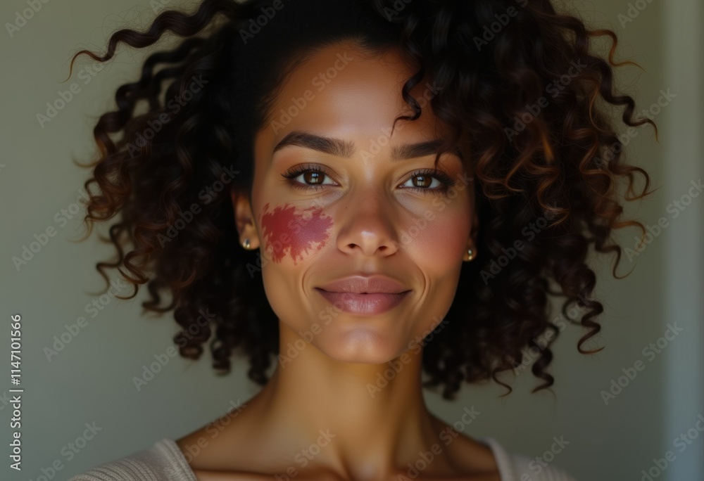 Fototapeta premium A young woman with curly hair and a birthmark on her cheek smiles confidently.