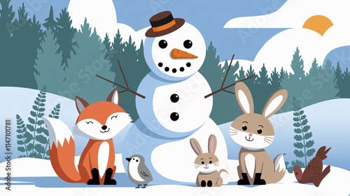 A winter scene with a snowman surrounded by various woodland animals. There is a fox, a rabbit, and a bird sitting beside the snowman. The snowman has a carrot nose and coal eyes.