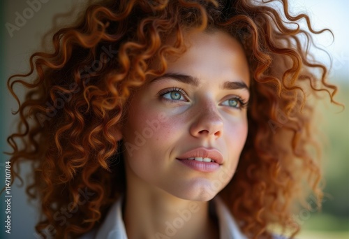A young woman with vibrant red curly hair, gazing thoughtfully into the distance, exhibiting natural beauty.