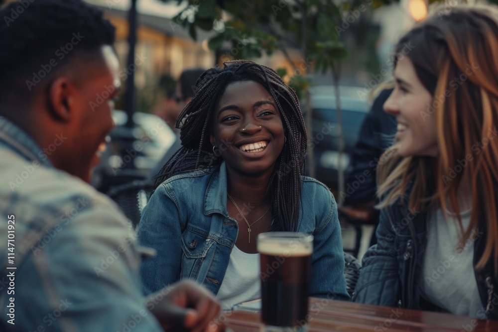 Group of friends having a good time in the city. Cheerful african american girl laughing and drinking beer. Group of friends having a good time in the city. Cheerful african american girl laughing and drinking beer.
