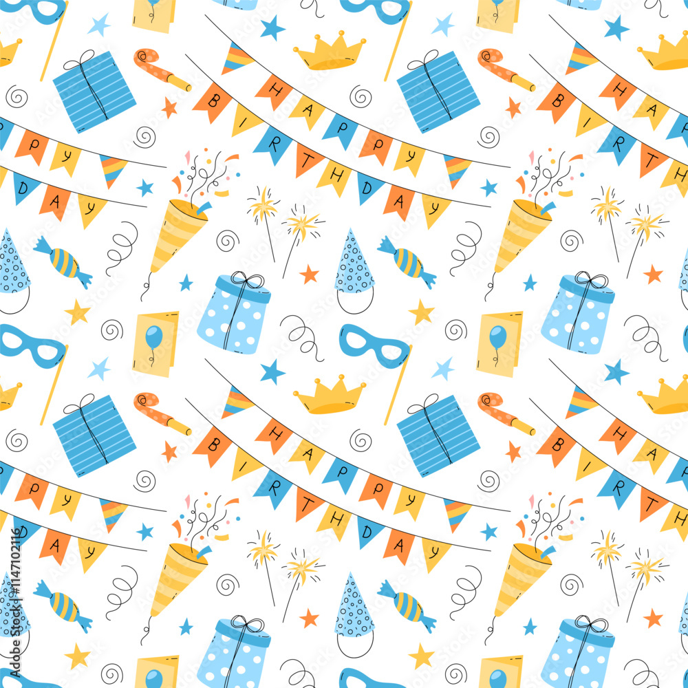 Happy Birthday pattern. Fun vector seamless background, repeated illustration with colorful bday party objects. Funny elements, joyful celebration print. Flat childish design