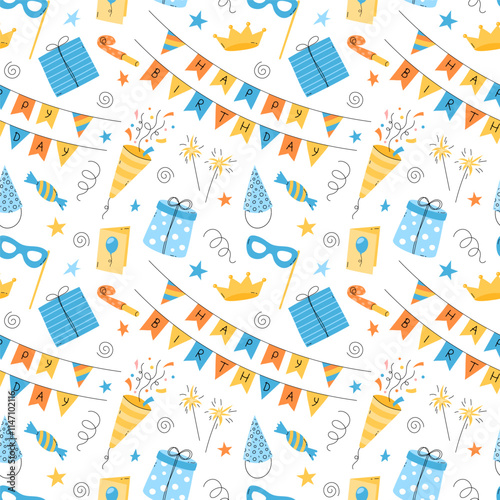 Happy Birthday pattern. Fun vector seamless background, repeated illustration with colorful bday party objects. Funny elements, joyful celebration print. Flat childish design
