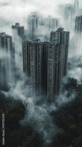 Fire engulfs high-rise buildings in an urban area, smoke and flames visible amidst concrete structures during