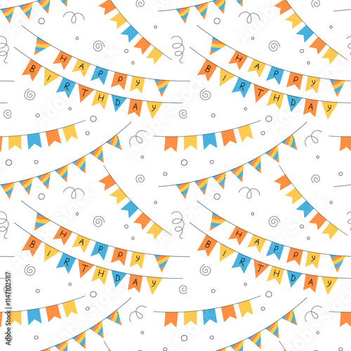 Happy Birthday flags pattern. Seamless vector background with colorful bday party decorative objects