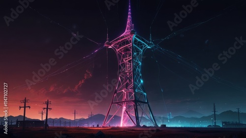 Futuristic neon tower at night.