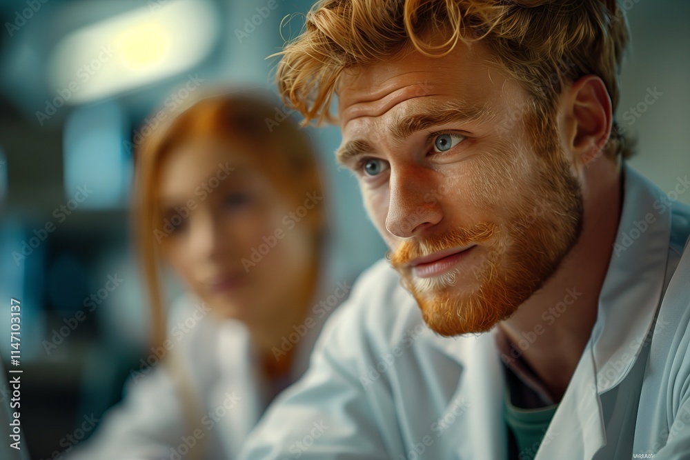 Focused scientist with red hair and beard, deep in thought, working in a modern laboratory environment.