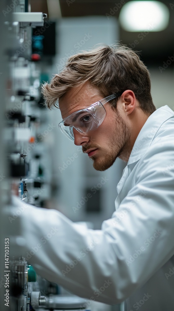 Scientist working in a laboratory with advanced equipment and illuminated tubes during a nighttime research