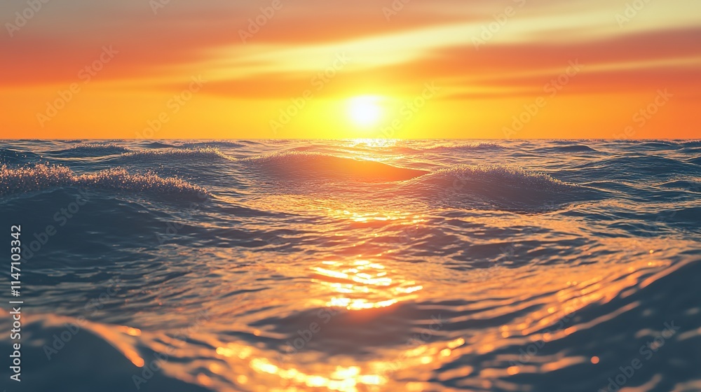 Golden sun setting over tranquil waves, casting shimmering refle Golden sun setting over tranquil waves, casting shimmering refle