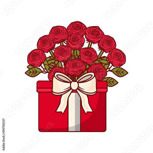 Red gift box with a bouquet of roses, isolated on a transparent background