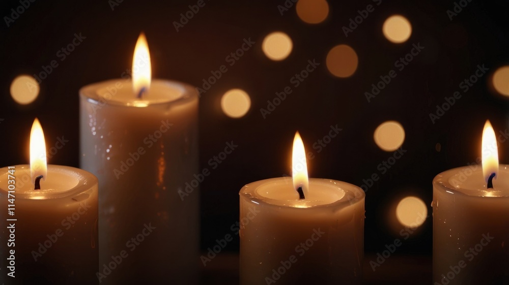 Four lit candles with bokeh lights. Four lit candles with bokeh lights.