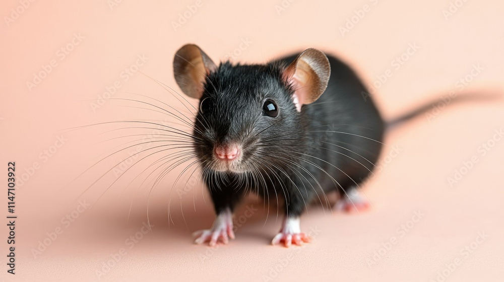 A close-up of a black mouse with prominent ears and whiskers against a soft pink background. A close-up of a black mouse with prominent ears and whiskers against a soft pink background.
