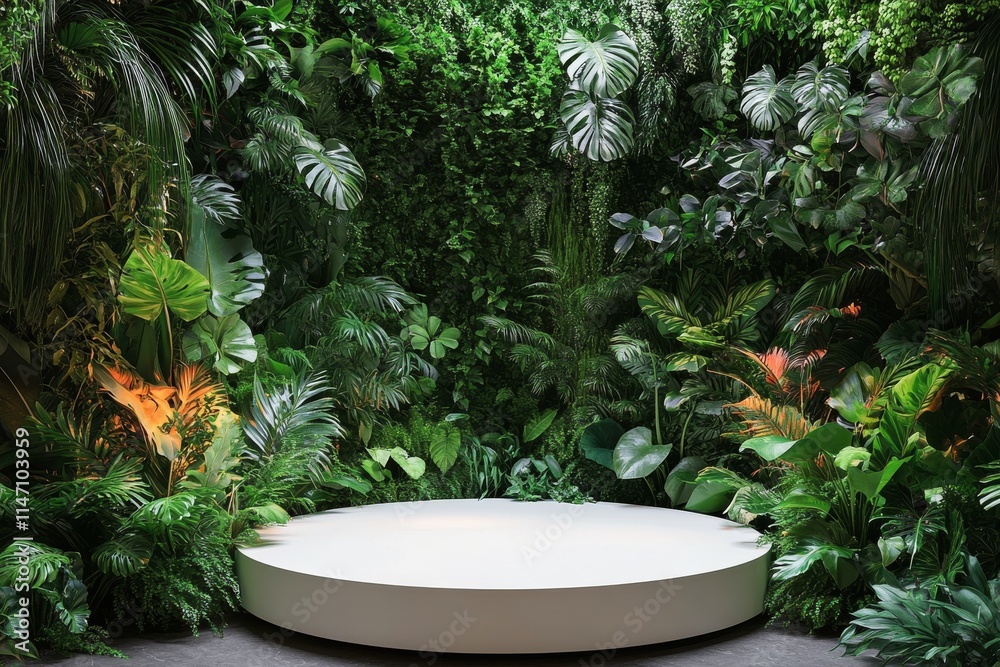 Lush green foliage surrounds a minimalistic white platform in an urban jungle setting perfect for events and Lush green foliage surrounds a minimalistic white platform in an urban jungle setting perfect for events and