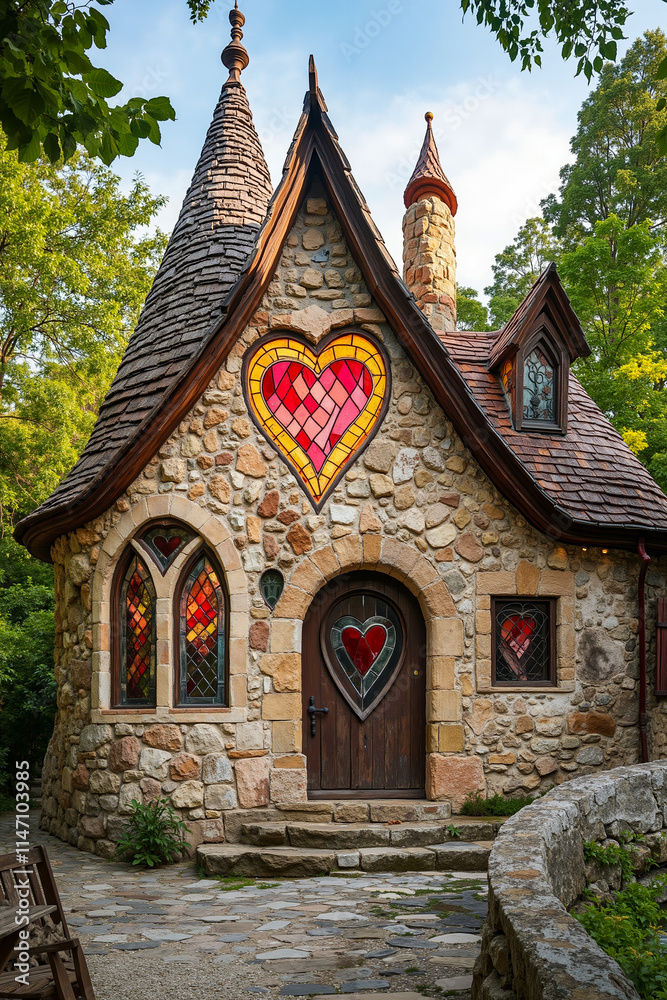 A small stone building with a heart shaped stained glass window A small stone building with a heart shaped stained glass window