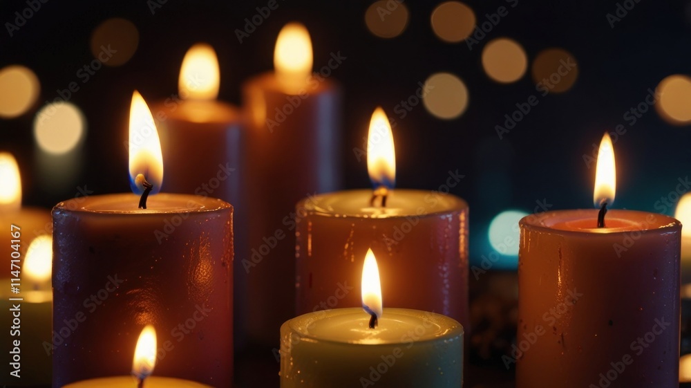 Lit candles with bokeh lights in dark background. Lit candles with bokeh lights in dark background.