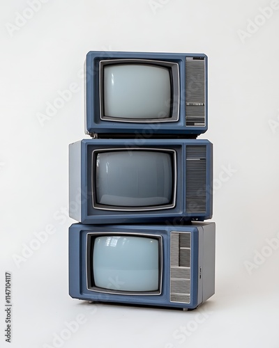 Stacked Vintage Televisions Retro Blue Screens Simple Background