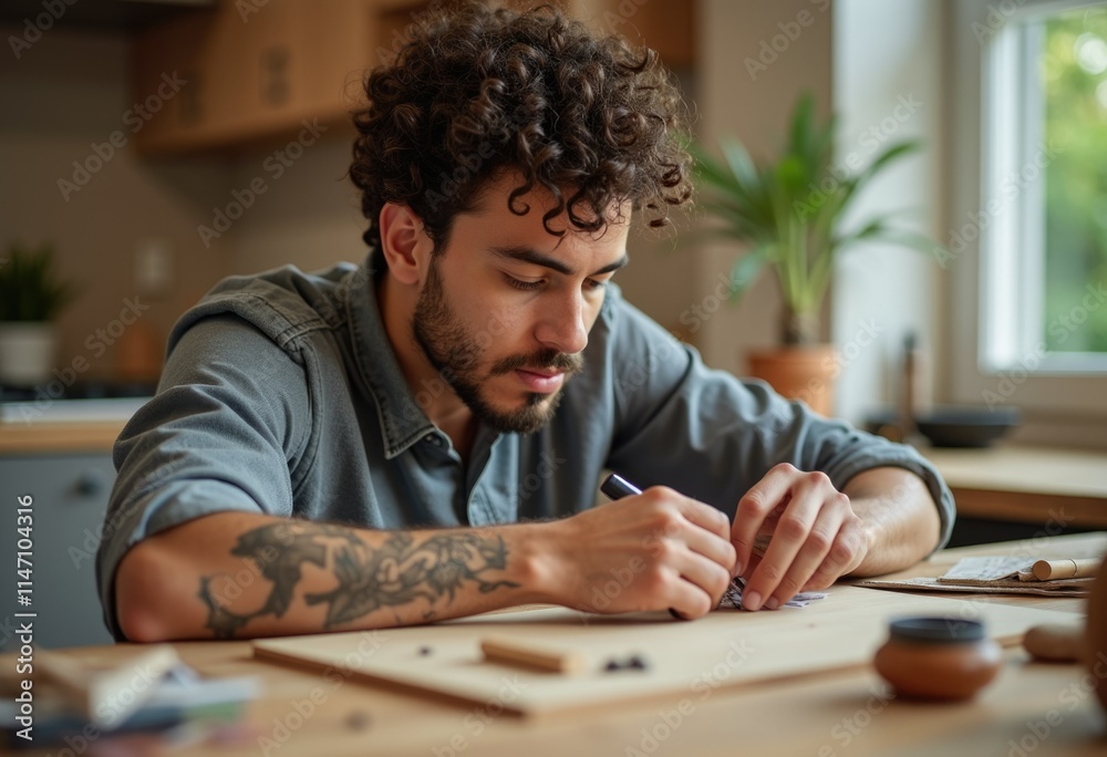 A young man with tattoos meticulously draws on a wooden surface, focused on his detailed work. A young man with tattoos meticulously draws on a wooden surface, focused on his detailed work.