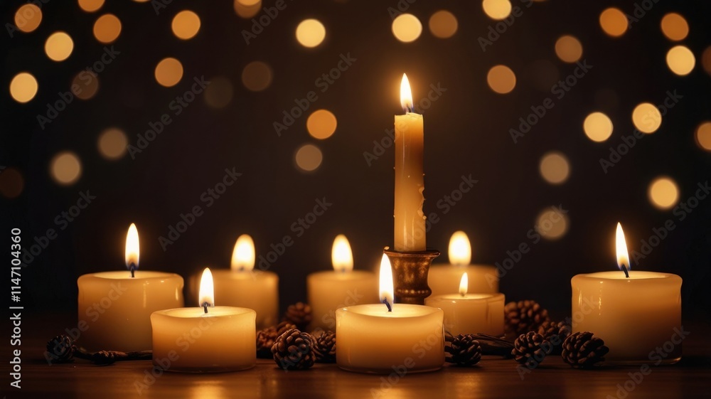 Illuminated candles with bokeh lights and pine cones. Illuminated candles with bokeh lights and pine cones.