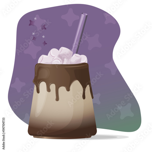 hot chocolate with marshmallows with glass straw on gradient background