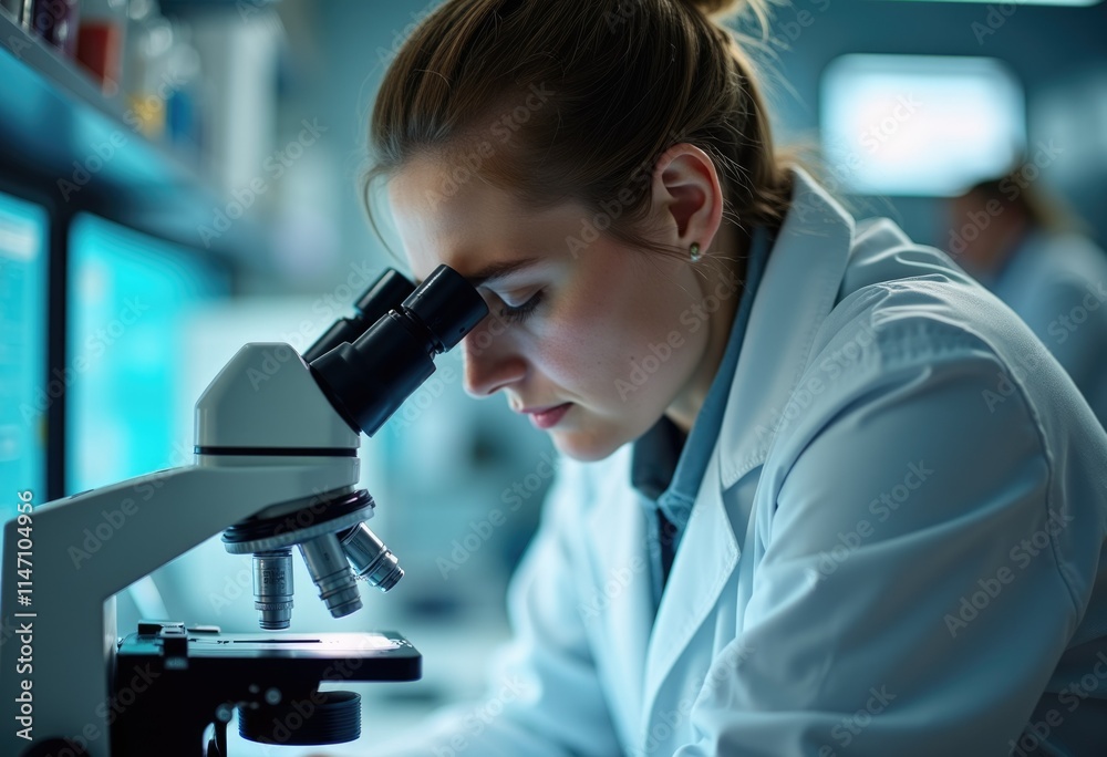 A female scientist intensely studies a sample under a microscope in a modern laboratory setting.
