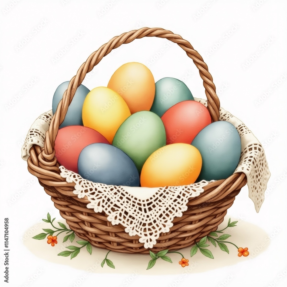 Naklejka premium The image is of a basket filled with colorful eggs. The basket is made of woven straw and has a white lace doily tied around the handle.
