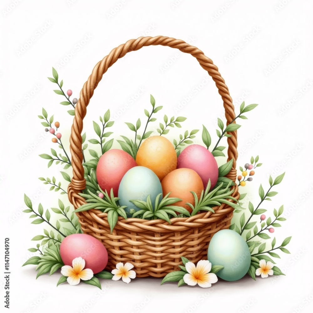 The image is a digital illustration of a basket filled with colorful Easter eggs. The basket is made of wicker and has a handle on top. The image is a digital illustration of a basket filled with colorful Easter eggs. The basket is made of wicker and has a handle on top.