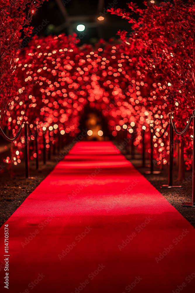 Obraz premium A red carpeted walkway lined with red lights at night
